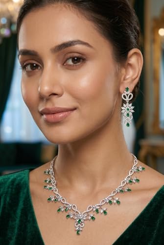 Image of Alloy White Plated American Diamond Necklace Set for Women and Girls with Matching Earrings, S Hook Closure Necklace and Push Plug Earrings for Traditional Outfit