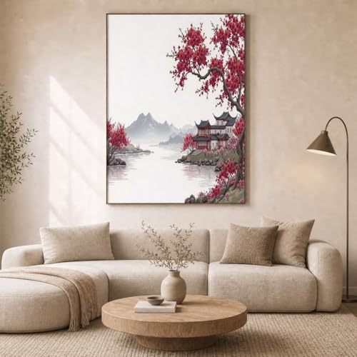 Tableau Décoration Murale Rouge HASLEFND 60x90cm Affiche de Montagne