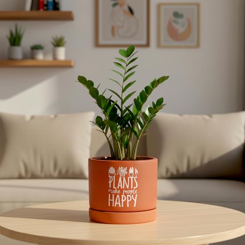 Image of Urban Plant Plants Make People Happy Terracotta Pot with Saucer (5 Inch) | Printed Clay Planter with Drainage Hole | Decorative Indoor Plant Pot for Tabletop, Desk & Home Decor