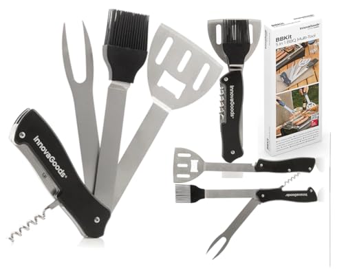 InnovaGoods® Ensemble d'ustensiles pour barbecue 5 en 1 BBKit, tout ce dont vous avez besoin pour cuisiner au barbecue, avec une fourchette, des pinces, une spatule, un couteau et une brosse.