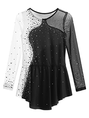 Oyolan Kids Girls Rhinestone Flower Figure Ice Skating Dress Mesh Splice Long Sleeve Tulle Skirts Ballerina Dancewear Black A 12 Years #TOP2