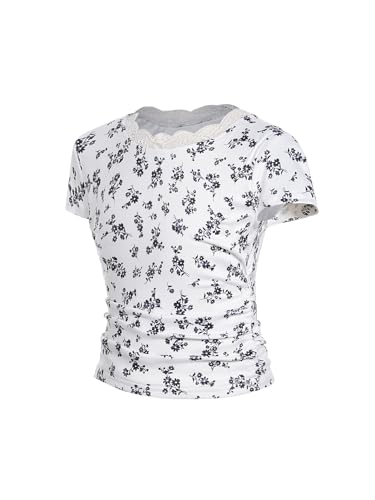 Image of RoseSeek Girl's Ditsy Floral Print Lace T Shirt Short Sleeve Ribbed Ruched Cute Tee Shirts Summer Tops