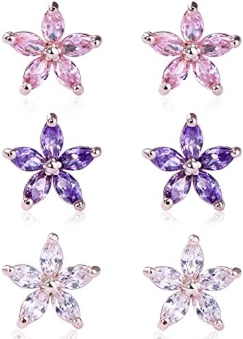 YMIMIWIWI Daisy Earrings for Girls, Cute Aesthetic Flower Stud Earrings Cubic Zirconia Floral Earrings Studs for Sensitive Ears (3 pairs 10 mm CZ white/Purple/Pink)