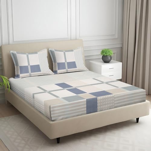 Image of Signature Digital Print Geometric Designs Super King Size Bedsheet - 108 x 108 inches | 100% Cotton-Feel Soft Fabric | Fade-Resistant Colors | 2 Matching Pillow Covers (Urban Linen Grid)