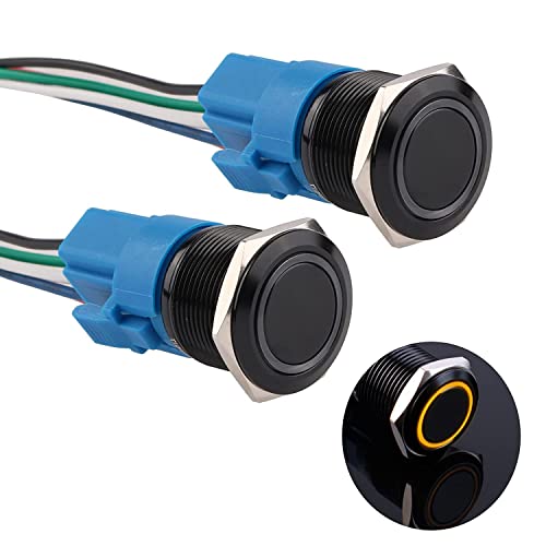 Jiqi Latching Push Button Switch 22Mm 3A Ring Led 12V-24V Black Metal Pushbutton Switch 1No 1Nc Self-Locking Waterproof Aluminum Shell With Wire Socket Plug 5/8''(Yellow,Pack Of 2) #TOP24
