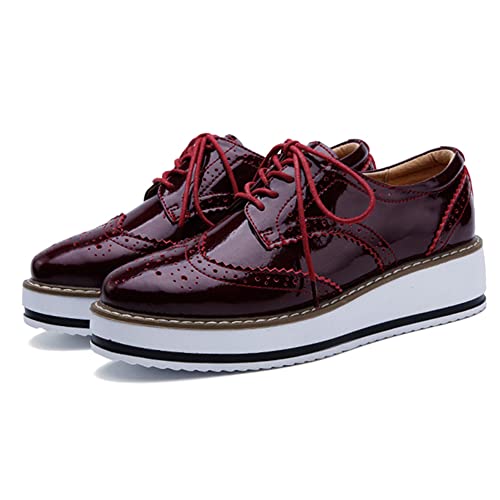 YING LAN Women's Platform Lace-Up Wingtips Square Toe Oxfords Shoe Red Size 8.5