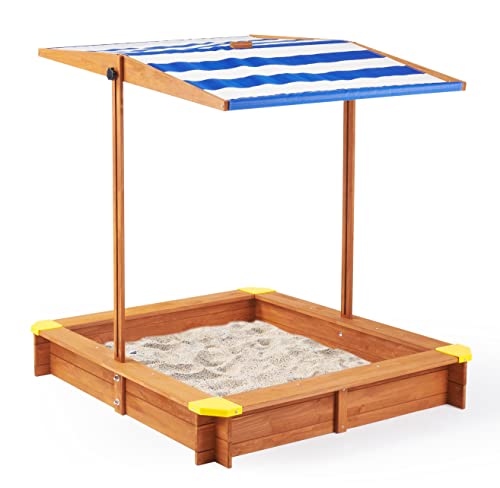 Kid's Sandbox with Cover, 46''x46'' Outdoor Wooden Sandpit w/Adjustable Canopy for Backyard Play