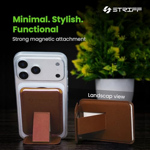 Image of STRIFF MagVault InvisibleStand Magnetic Wallet - Premium Vegan Leather MagSafe Card Holder with Hidden Kickstand, RFID Blocking, Holds 3 Cards, Strong Magnetic Wallet for iPhone 12-17 Series (Brown)