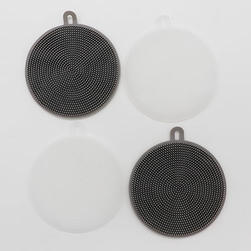 Image of Pokinge 4 Pcs Silicone Dish Scrubber Reusable Round Dishwashing Sponge Non-Scratch Fruit Vegetable Cleaning Brush Heat Insulation Pad for Kitchen(Grey and White)