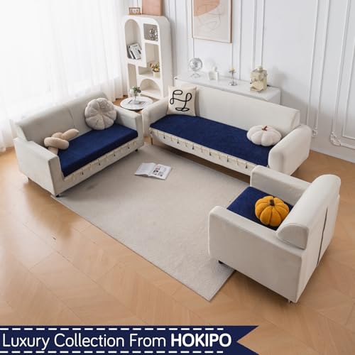 Image of HOKIPO 'Serenity Tassel' Chenille 1 Seater Sofa Cover with Tassel - Sapphire Navy (IN-890-NBL)