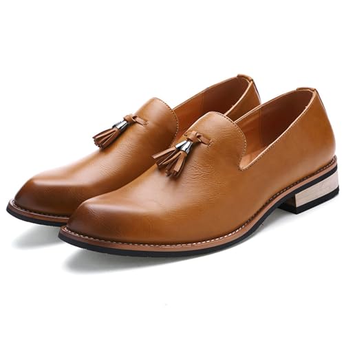 Men's Leather Tassel Penny Loafers Retro Round Toe Low Heel Slip-On Business Dress Shoes Suitable for Work Daily Driving