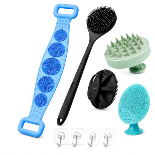 Image of 6-in-1 Silicone Bath and Body Care Combo, Back Scrubber Belt, Long Handle Brush, Body Scrubber, Face Scrubber, Scalp Massager with 4 Hooks