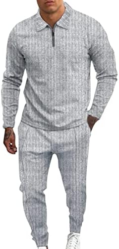 Mens Long Sleeve Casual Polo Shirt and Pant Sets Two Piece Fall Outfits Zipper Polo Tracksuit Set for Men M-3XL(Grey,3X-Large)