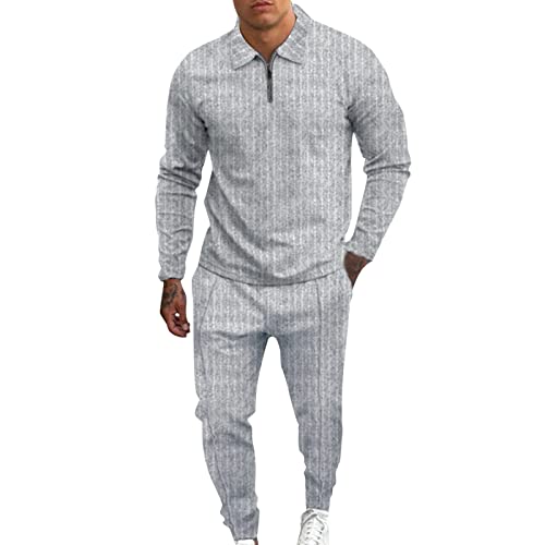 Suits Men Big And Tall Men's Casual Stripe Two Piece Set Zipper Collar Blouse Drawstring Pocket Pants Sets Fashion Sport Top Pant Set Lost Bathing Suit Men (Grey, L)