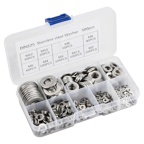 Juego de 580 arandelas de acero inoxidable, surtido de arandelas de junta, 9 tamaños diferentes, M2, M2.5, M3, M4, M5, M6, M8, M10, M12