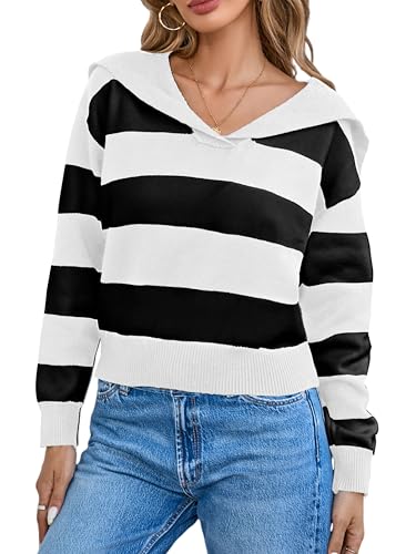 Uyvora Sailor Collar Pullover Sweater V Neck Long Sleeve Striped Knit Ribbed Jumper Tops Fall Sweaters for Women 2024 C-White