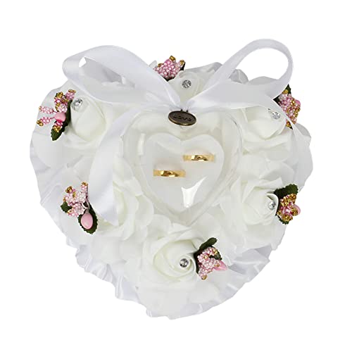 URFEDA coussin Bagues Mariage Porte Alliance en Forme de Coeur, Blanc Roses Coussin d’Alliance, Anneau de Mariage, Fiançailles, Saint-Valentin