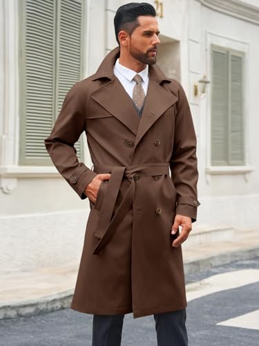 Image of Runcati Mens Trench Coat Double Breasted Notched Lapel Casual Belted Windbreaker Fall Classic Long Jacket Overcoat
