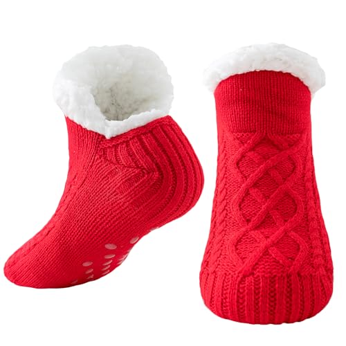 Niorasen Calze Donna Uomo Antiscivolo a Pantofola Invernali, Calze Termiche in Pile Calde, Calzettoni Morbidi per Casa, Calze Natalizie Termiche, Regalo di Natale Capodanno, Rosso