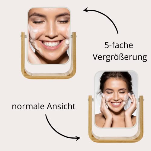 Foto von PARSA Beauty Bambusspiegel mit 5-Fach Vergrößerung – Doppelseitiger Kosmetikspiegel, rechteckig, modernes Design für präzises Stylen – Standspiegel für Schminken und Rasieren – 22 x 16 x 4 cm