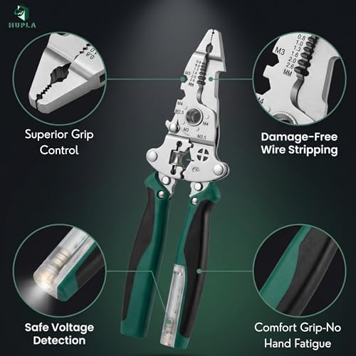 Image of HUPLA 9 in 1 Plier with Tester Light | Multifunction Foldable Wire Cutter & Wire Stripper | Wire Crimping Tool | Electric Tester Plier with Light | Professional Electrician Tool