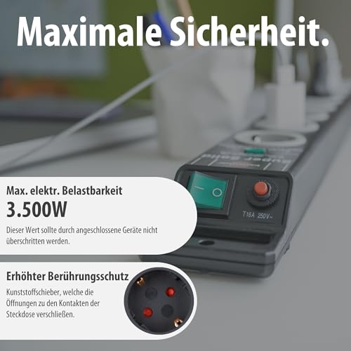 Brennenstuhl Super-Solid, Steckdosenleiste 8-Fach mit Überspannungsschutz (Steckerleiste mit 2,5m Kabel und Schalter, Mehrfachsteckdose aus bruchfestem Polycarbonat) schwarz/grau