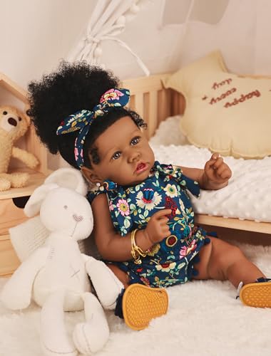 Image of HOOMAI Reborn Baby Black Dolls African American Lifelike Silicone Doll Realistic 22.8 Inch with Cloth Body Birthday Gift Set for Ages 3+