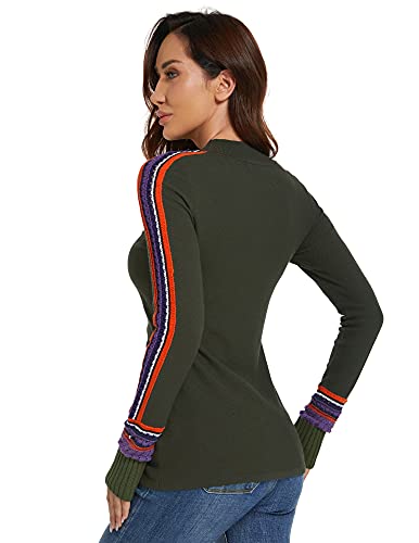 Amélieboutik Women Mock Neck Fair Isle Trim Long Sleeve Pullover Knit Sweater (Dark Olive Green Medium) #TOP4