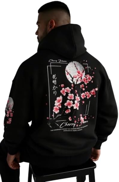 Mens Fleece Japanese Graphic Hoodies, Fashion Pullover Sweatshirt with Hood, Casual Long Sleeve Fall Winter Streetwear