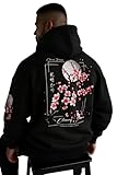 Elyora Mens Fleece Japanese Graphic Hoodies, Fashion Pullover Sweatshirt with Hood, Casual Cotton Blend Long Sleeve Fall Winter Streetwear (US, Alpha, Large, Regular, Regular, Black, Cherry Blossom)