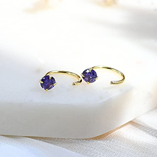 14K Gold Plated 925 Sterling Silver Small Half Huggie Hoop Earrings For Women Girls, Hypoallergenic Colored Cartilage Earring Studs | Gold Earrings For Women (Yellow Gold, Purple Amethyst) #TOP2