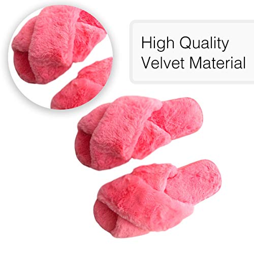The Season Essentials U-slide Women’s Cross Band Soft Plush Fluffy Furry Fleece House Indoor or Outdoor Ladies’ Slide Slippers, Pink, XL/11-123