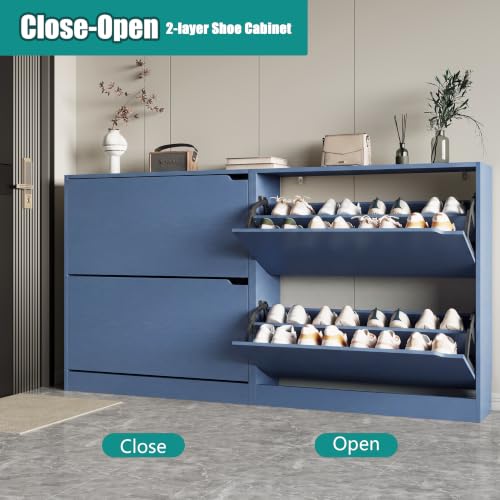 Image of Xixini Shoe Storage Cabinet for Entryway with 2 Flip Drawers, Wood Freestanding Hidden Shoe Storage, Narrow Slim Sturdy Shoe Organizer for Front Door Entrance, Living Room, Hallway, Bedroom, Blue