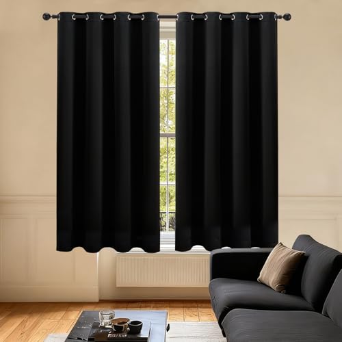 LIMON HOME Black Blackout Curtains 63 inches Long for Living Room Bedroom, Soundproof Window Treatment Black Out Drapes for Hall Room, Set of 2 Panels