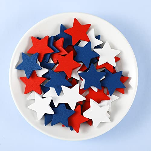 Bucherry 45 Pcs 4th of July Wooden Stars Patriotic Ornaments for Crafts Mini Independence Day Vase Filler Cutouts Decorations Red Navy Blue White Stars Bowl Fillers for Tiered Tray Home Decor