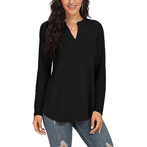 Neineiwu Women Casual Split V Neckline Loose Tunic Blouses Long Sleeve Tops (Black M) Cover