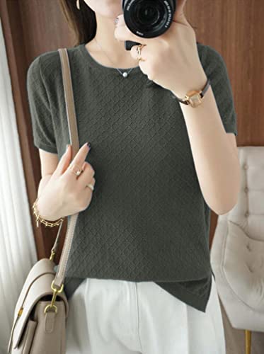 Image of Womens Short Sleeve Sweaters Tops Summer Thin Pullover Cotton Knit Shirt Crew Neck Lightweight Pointelle Blouse