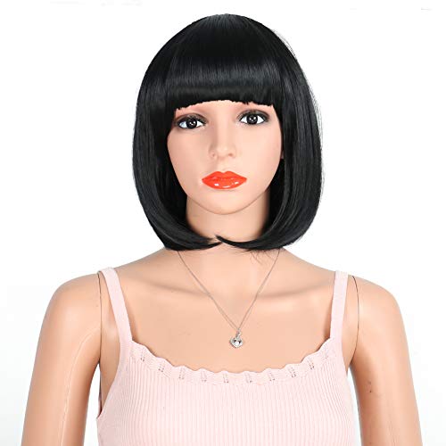 12 Inch Black Short Bob Hair Wig Straight with Flat Bangs Synthetic Wig Cosplay Daily Party Wig for Women Natural(Free Wig Cap)