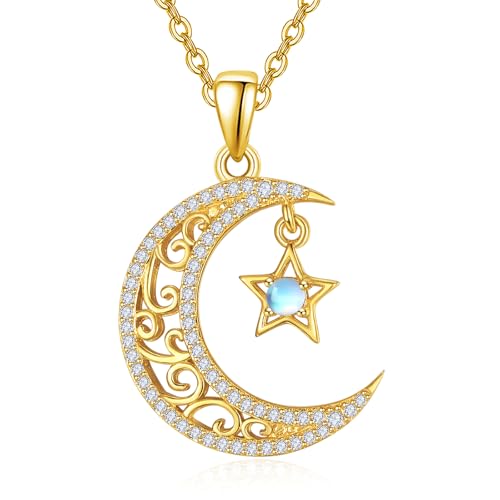 Dreamboat Sterling Silver Crescent Moon and Star Necklace Gold Plated