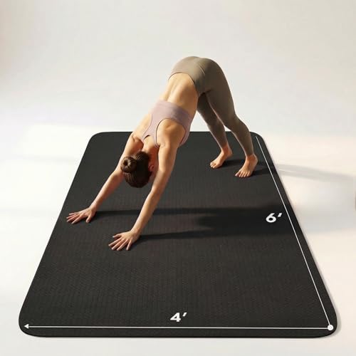 FrenzyBird 6’x4’ Large Yoga Mat ¼” Extra Thick Exercise Mat with 2 Bundling Ribbons Eco Friendly TPE Fitness for Women & Men, Yoga, Pilates, Gym and Floor Workouts Black