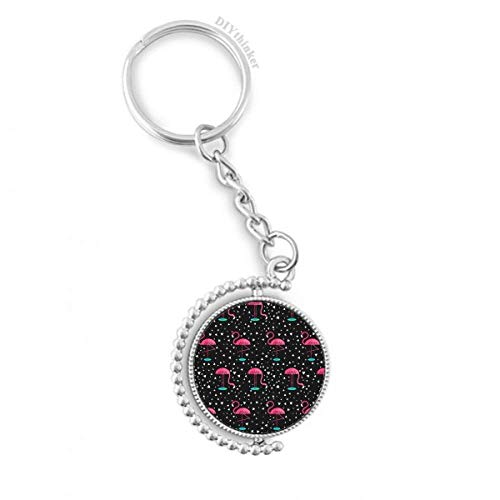 Llavero de cadena negro con patron de flamenco rosado rotativo
