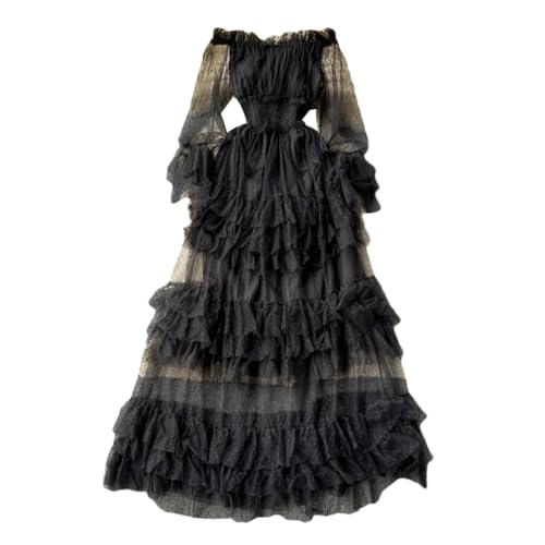 Inzegao Women Ruffle Mesh Maxi Dress Stretchy Waist Off Shoulder Sheer Long Sleeve Tulle Wedding Party Dresses Black