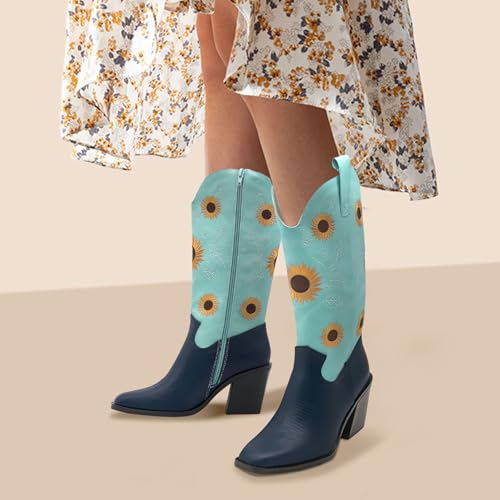 Women's Western Cowboy Boots Mid Calf Cowgirl Boots Chunky Heel Zipper Square Toe Embroidered Sunflower Fashion Boots3