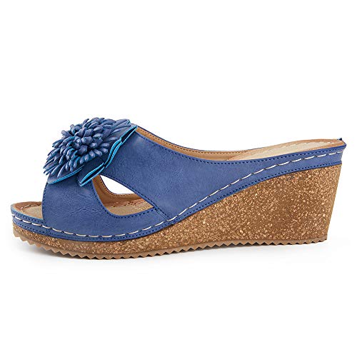 Alexis Leroy Peep Toe Comfortable Insole Women's Platform Wedge Slide Sandals Blue 9-9.5