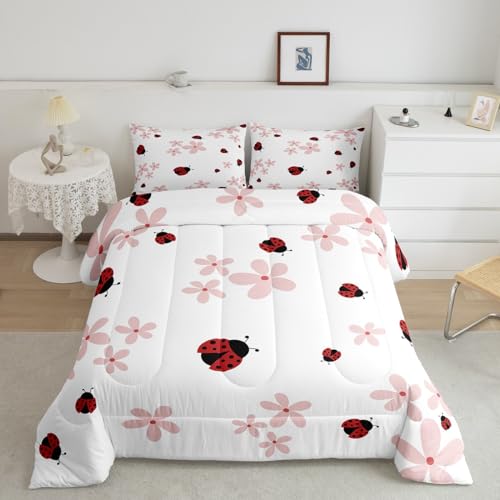 Cute Ladybug Comforter for Girls Kids,Red and Black Comforter Set Queen Size Home Decor,Soft Pink Floral Bedding Set,Geometric Wave Point Teens Bedroom Down Duvet,1 Comforter with 2 Pillowcases