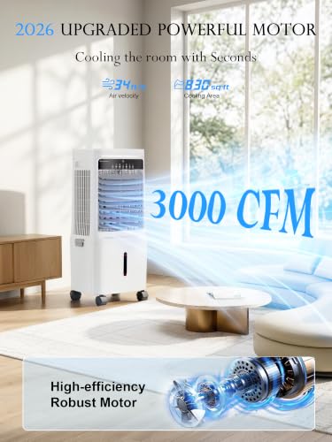 Image of Uthfy 3000CFM Swamp Cooler Air Conditioner, Evaporative Cooler with Dual Water Tanks for 30H Cooling, 120 Oscillating, Ambient Light, 7.0 GAL Detachable Water Tank, 12H Timer, Portable AC for Bedroom