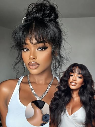 Image of 7x5 Glueless Wig Fluffy Natural Loose Wave Curtain Bangs Human Hair | Lace Front Wig 180% Density Wigs Human Hair Pre Plucked Invisible Knots Pre Everything Ready to Wear Body Wave Wig 24inch