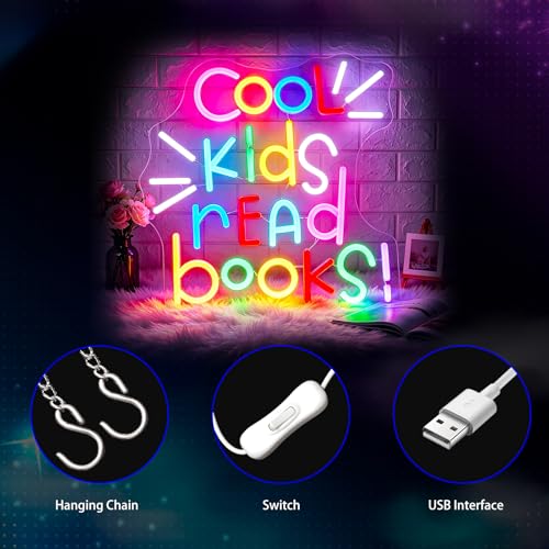 Image of Neon Sign, Gdbkabf Cool Kids Read Books Neon Signs for Wall Decor LED Light Up Signs Home Decor for Classroom, Bedroom, Reading Corner, Study Room, Library Decoration USB Operated
