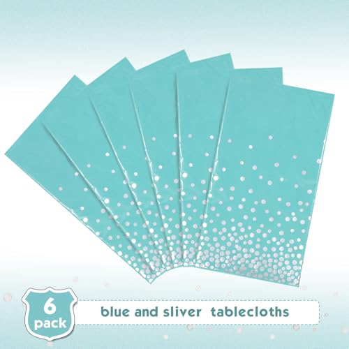 Image of Breling 6 Pcs Teal Blue and Silver Dot Tablecloth Plastic Confetti Rectangle Disposable Table Cover for Birthday Wedding Baby Shower Engagement Anniversary Bachelorette Party, 54 x 108 Inch