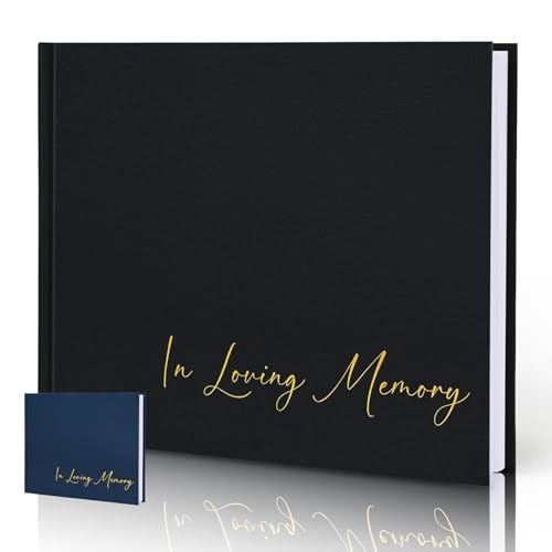 Image of Funeral Guest Book for Memorial Service, in Loving Memory 9x7.5 | 330 Entries, Table Sign Card Included, Gold Stamping, Oxford-Textured Paper Cover, Minimalist Design, Black